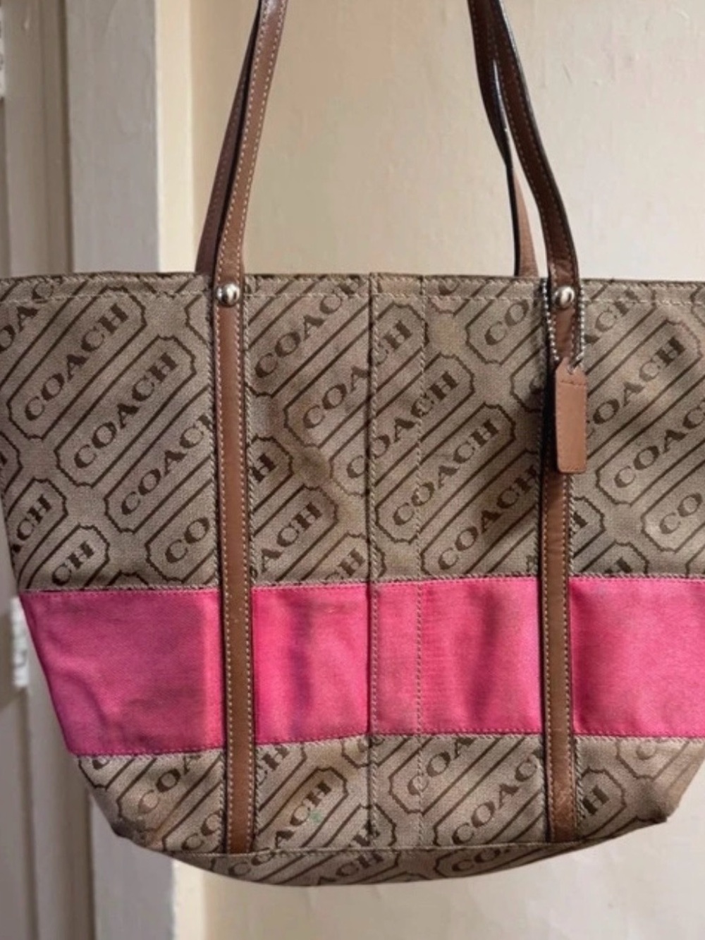 Coach Brown Signature Canvas Tote with Pink Stripe